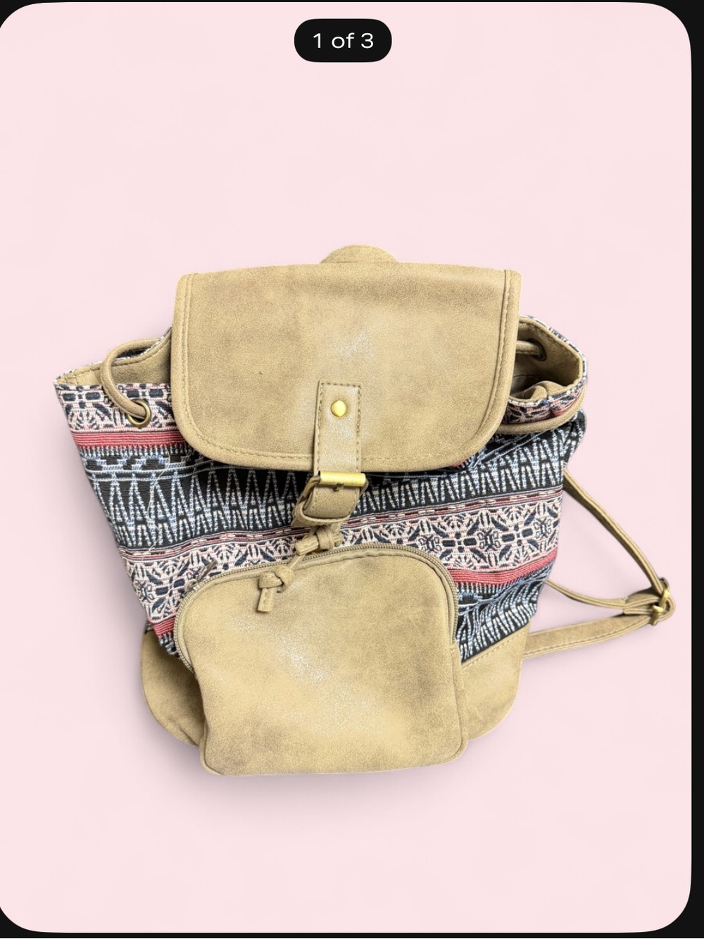 Patterned Canvas & Tan Faux-Leather Drawstring Backpack - Women's